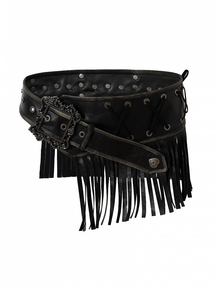 with Crisscross Studded Waist Vintage Black Fringe PU Belt Lacing Punk