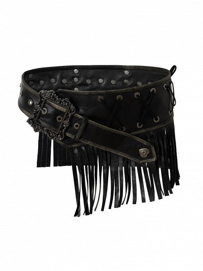 with Crisscross Studded Waist Vintage Black Fringe PU Belt Lacing Punk