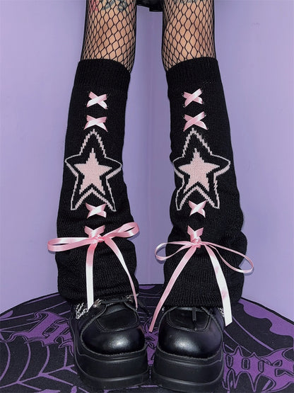 Black White Lace-up Detail Knitted Star Leg Warmers