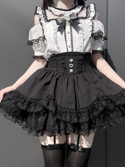 Black & White Jirai-kei Cutout Shoulder Short Sleeve Top with Rhinestone Bow and Lace - Virtual Paradise