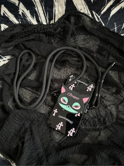 Crossbody Mobile With Cat Pink Phone Clip and Strap Black Back Green Gothic
