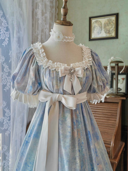 Stück Lolita Maxi One Kleid Taille Elegante Klassische Malerei Blau Empire Öldruck
