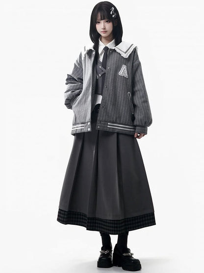 Plush Jacket Striped Preppy Letter Style Gray Patch Baseball -