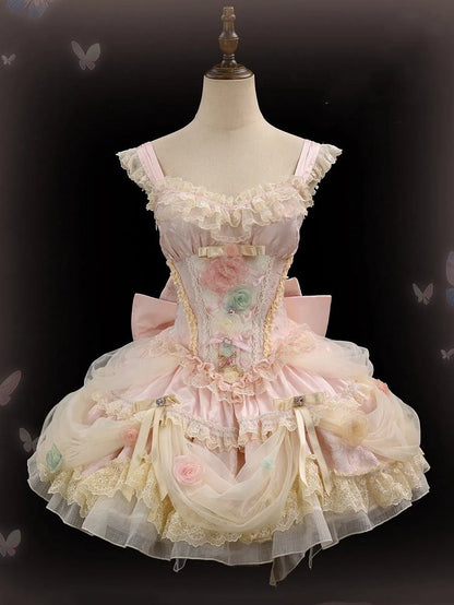 Prinzessin Blumenkleid mit Knochen, rosa Pullover, Taille, Fee, Lolita, Korsettrock, Hanayome