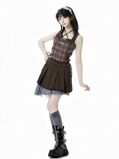 Rock mit ausgefranstem Saum, gestuft, grau, asymmetrisches Design und Colorblock, braun