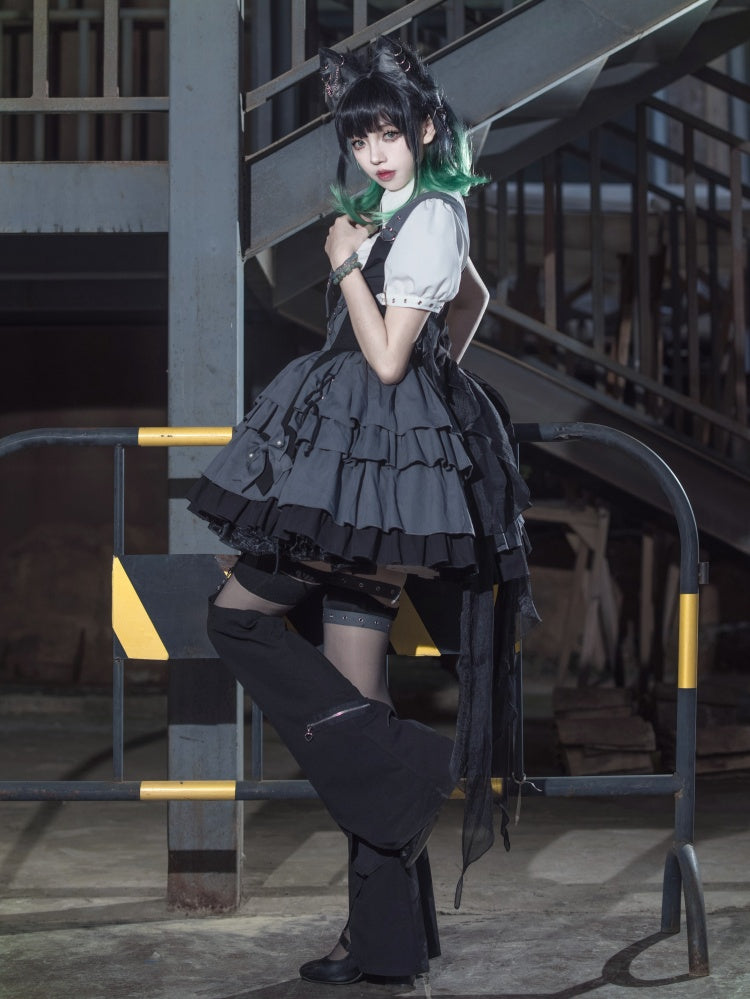 Gray and Black Under Bust Techwear Buckle Strap Lolita Dress