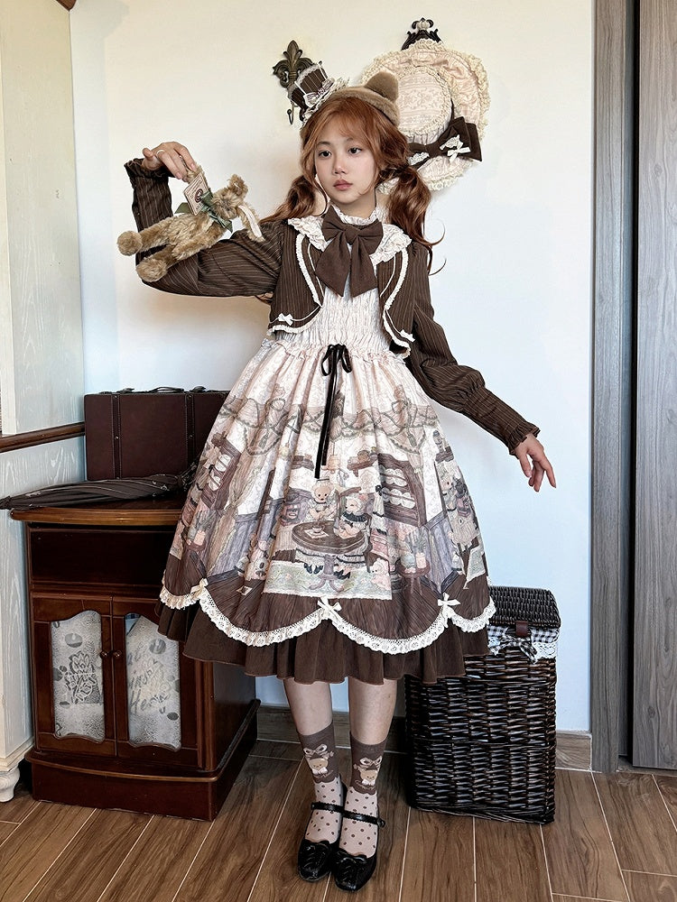 Fake Pieces Design Kaffee Cremig Lolita Haus Print Kleid Ärmel Lange Teddy Zwei