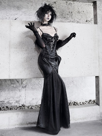 Black Victorian Bustier Bodice Spaghetti Straps Dress Evening Gown Mermaid Dress