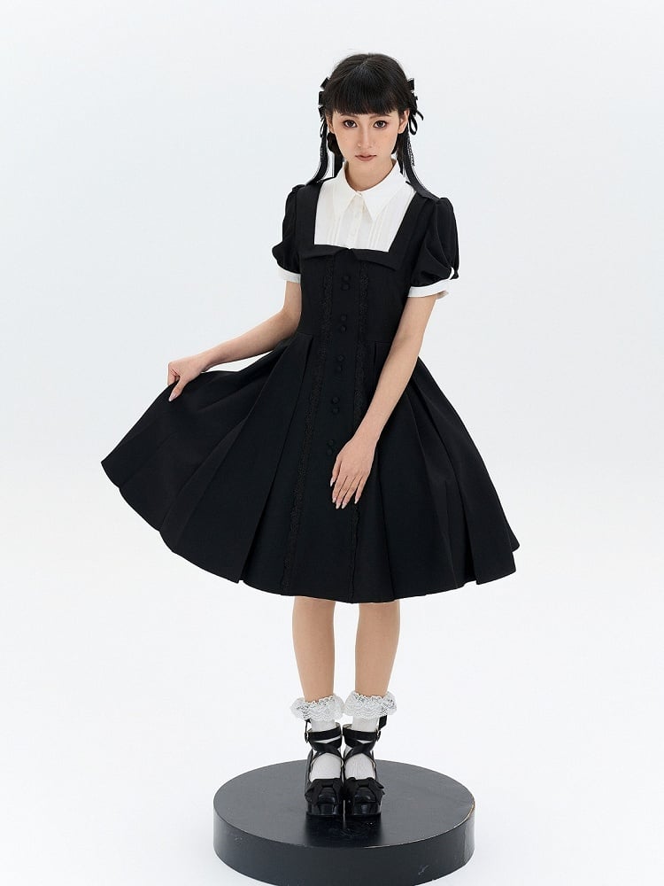 Two-pieces OP Lolita Black Dress Sleeves Design White Short Fake