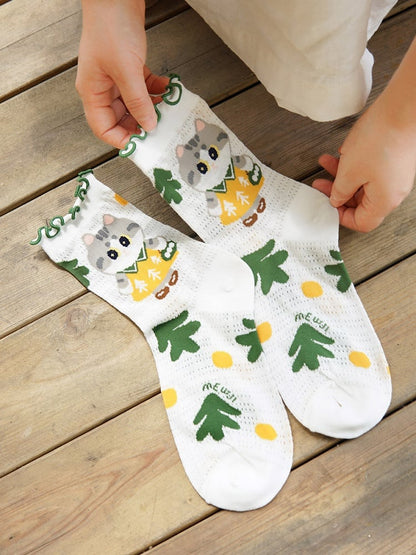 Cartoon Socks Set Kitty Print Cute