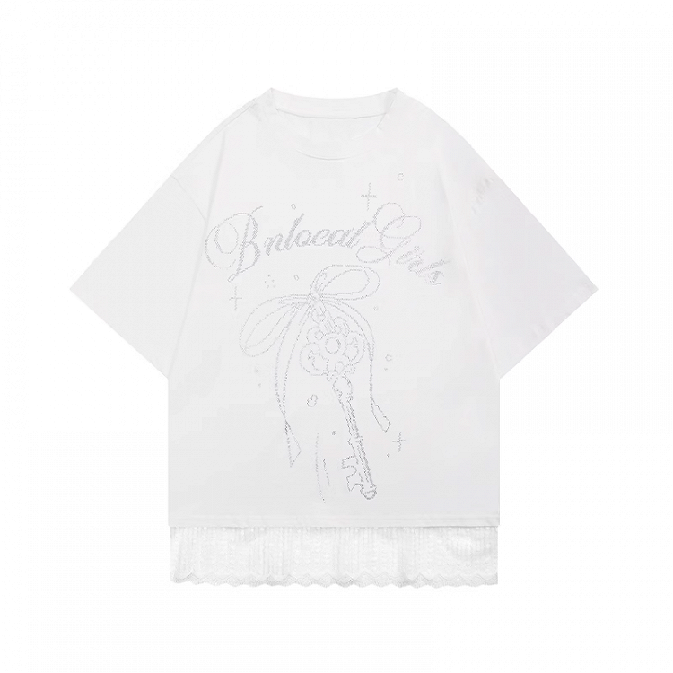 T-shirt Key Rhinestones Bowknot and Lace Trim White Round Neck