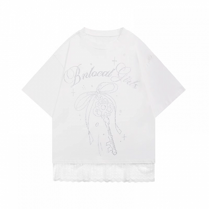 T-shirt Key Rhinestones Bowknot and Lace Trim White Round Neck