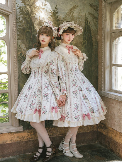 Beige Floral Print Refined Lolita OP Dress with Bow & Lace Accents - Miss Cube Dressworks
