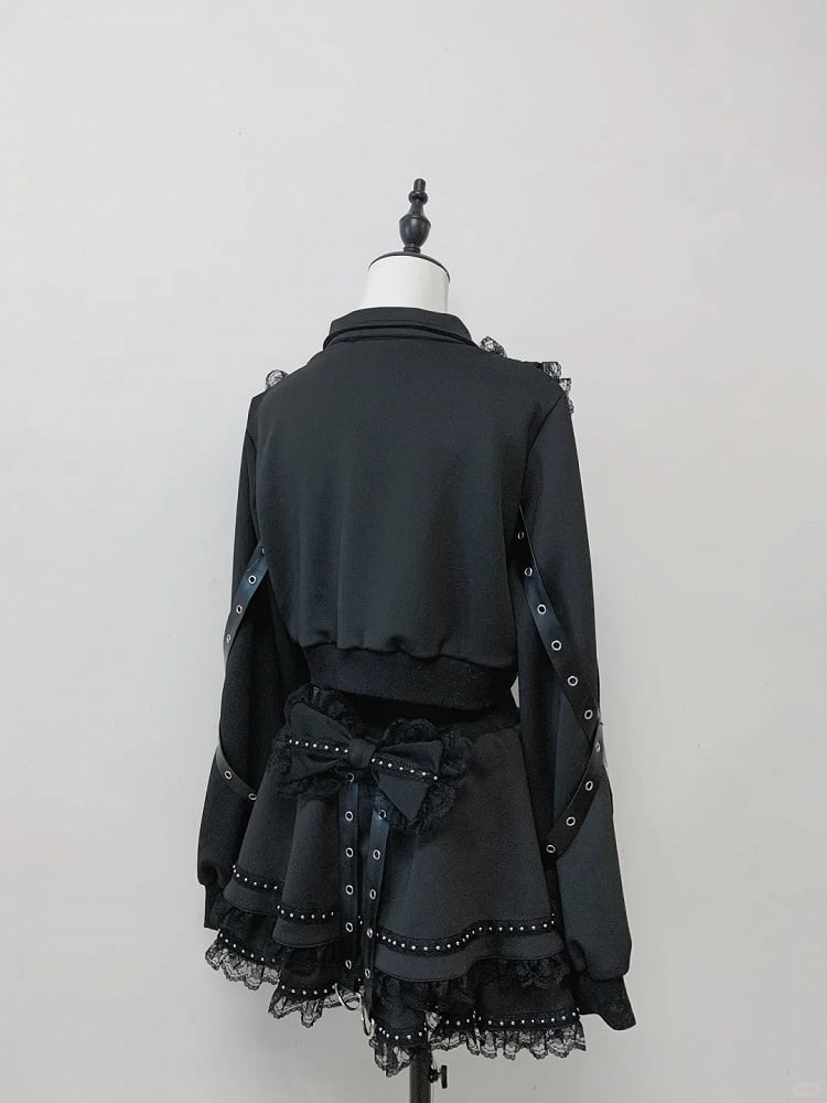 Jirai Bow Skirt + Black Lace Set Zipper Decor Kei Chain-Waist Leather Leg Strap Top Warmers