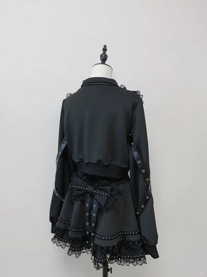 Jirai Bow Skirt + Black Lace Set Zipper Decor Kei Chain-Waist Leather Leg Strap Top Warmers