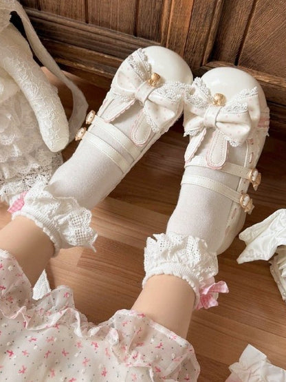 PU Bow White Heeled Lolita Bunny 4.2cm Shoes Sweet Decor in Strawberry - Buckle