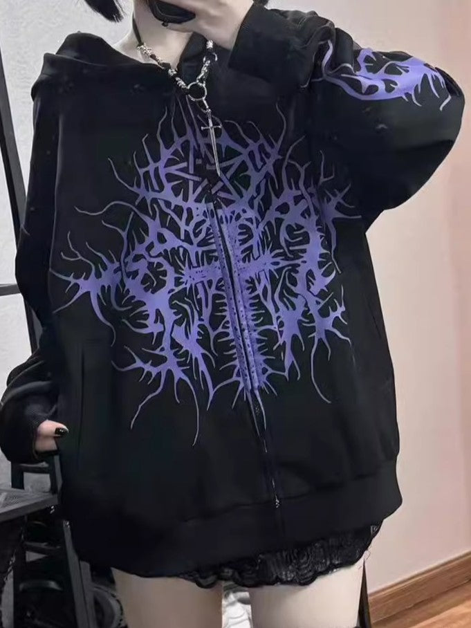 Gothic with Cross Hoodie Black Zip-Up Print Purple