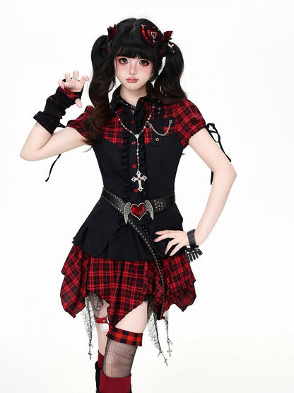 Sweet Edgy Kawaii Red Black Plaid Asymmetrical Hem Skirt - CRAZY GIRL