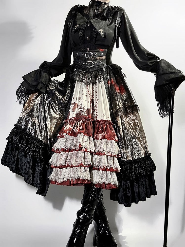Black Pointed Collar Embroidered Cross Gothic Shirt with Arm Straps - Jailbird Hotel