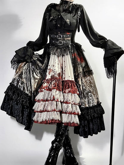 Black Pointed Collar Embroidered Cross Gothic Shirt with Arm Straps - Jailbird Hotel