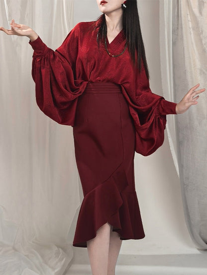 Chinese Hem Partial Waistband with - Mermaid Red Ruffle Style Elastic Skirt