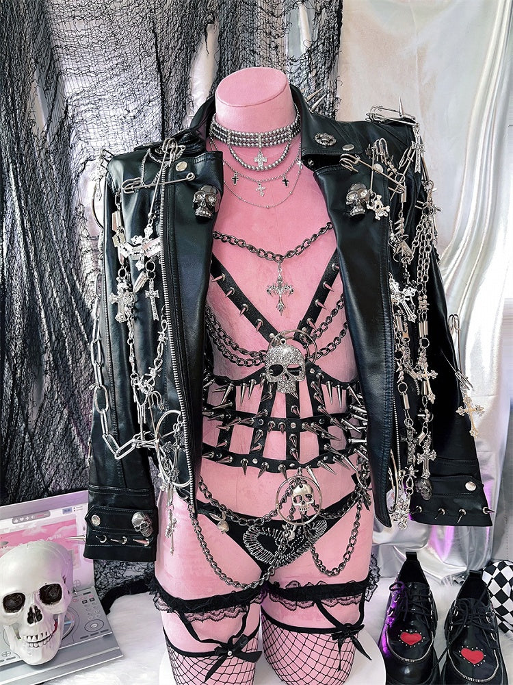 ブラックスケルトンスタッドディテールパンクPUハーネス