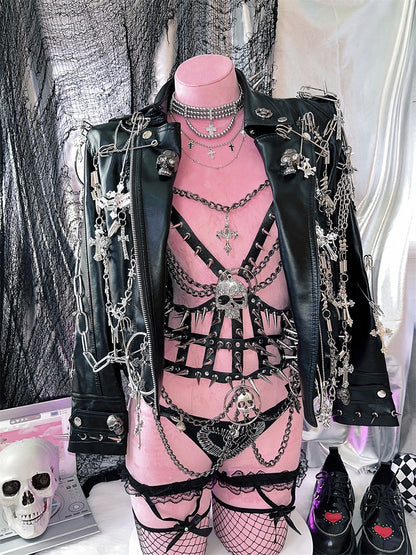 ブラックスケルトンスタッドディテールパンクPUハーネス