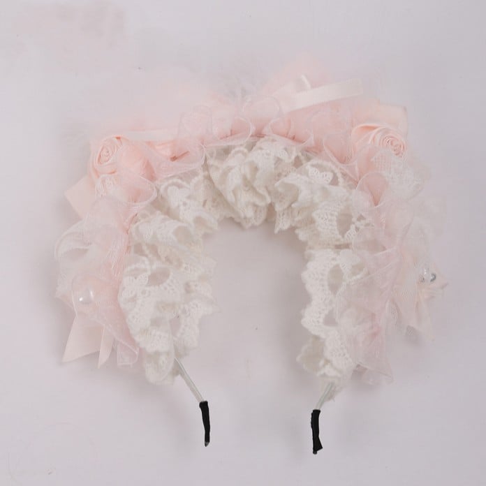 White Lace with Lolita Accents Feather Rose Sweet Pink and KC