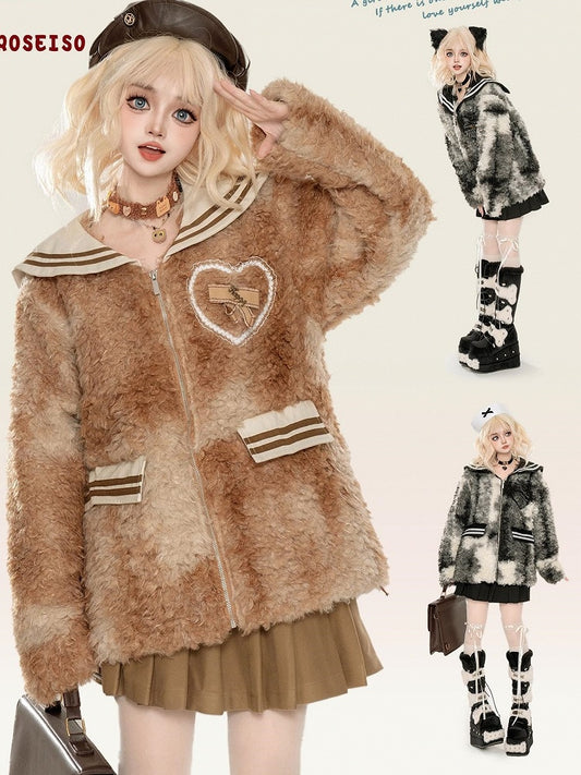 Schwarz/braune Fleecejacke mit Matrosenkragen und Schleifendetails