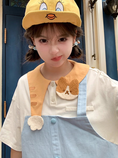 Zweiteiliges Kleid mit entzückendem Katzenkragen in Blau und Weiß mit Farbblock-Design