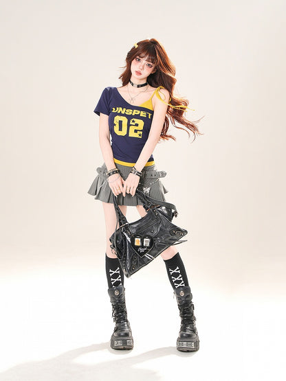 ブルー/ブラック コアTシャツ ネイビー アシンメトリーネックライン ナンバープリント ブロケット