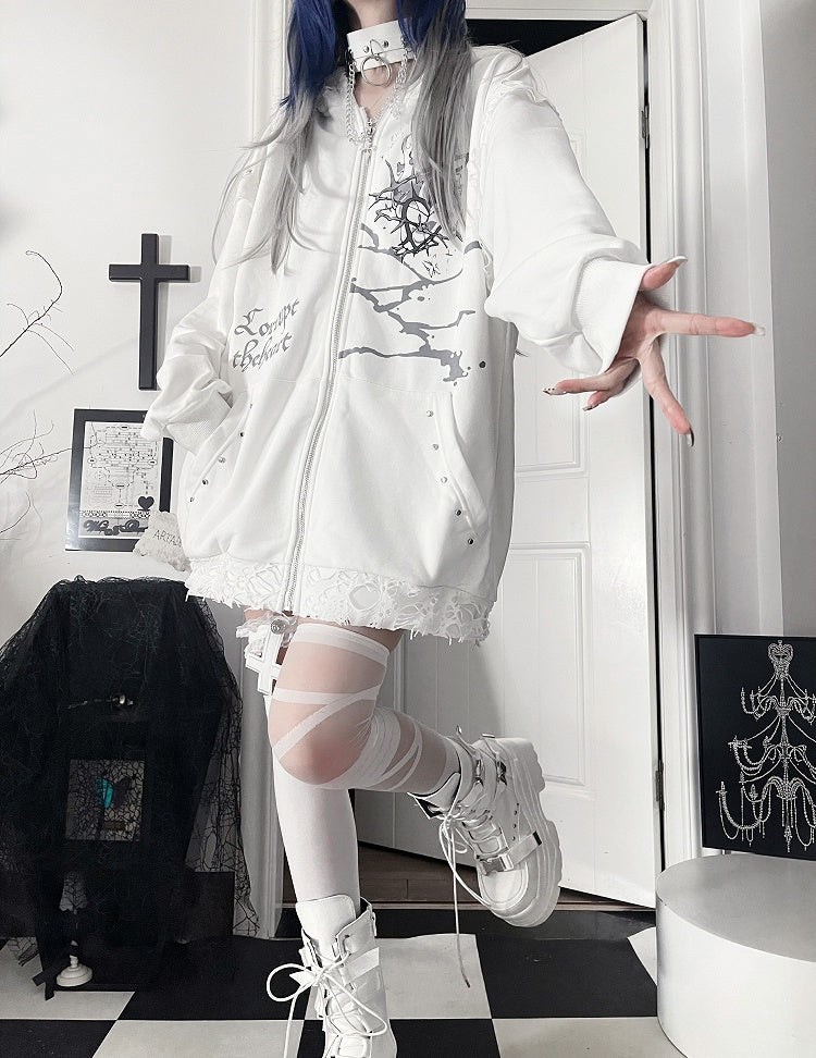 Jacketwith Ear Studded Cat White Zip-up Gray Hoodie HeartLetter Print