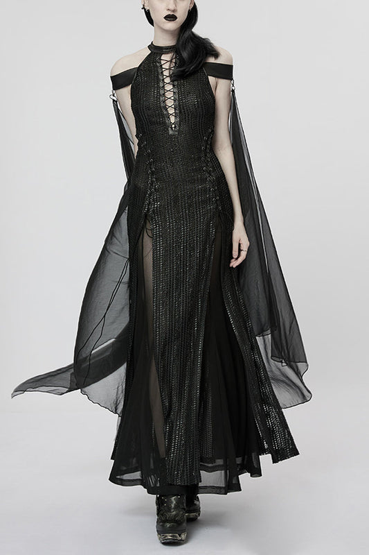 Black Side Slit Hollow Lace-Up Slim Mesh Gothic Dress with Detachable Cape