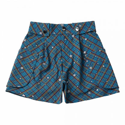 Blue Plaid Shorts with Glitter Star Pattern - PINK SAVIOR