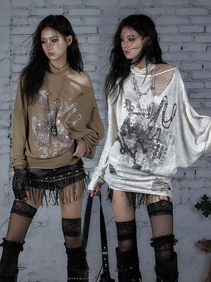 Distressed Beige/Khaki Top Ausschnitt Punk Asymmetrisch Sonnenschutz Ödland Löcher