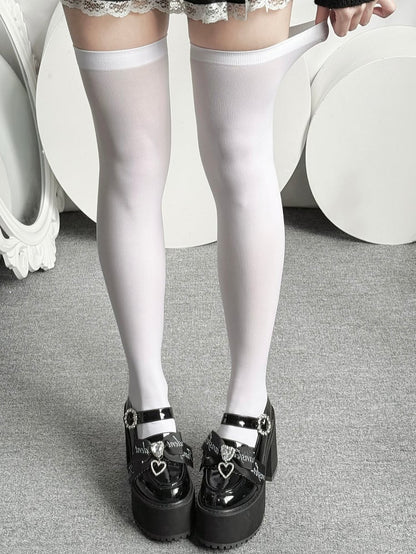 Over-knee Ribbed Kei Black/White Jirai Trim Stockings with