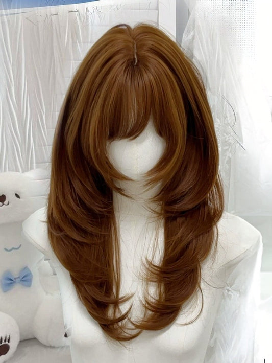 55cm Orange Brown Side-Swept Long Wig - Meow Island Wig