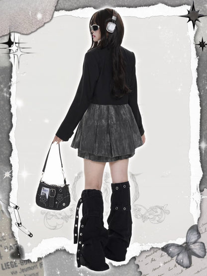 チェーン付きプラスサイズ ブラック クロップド ブレザー