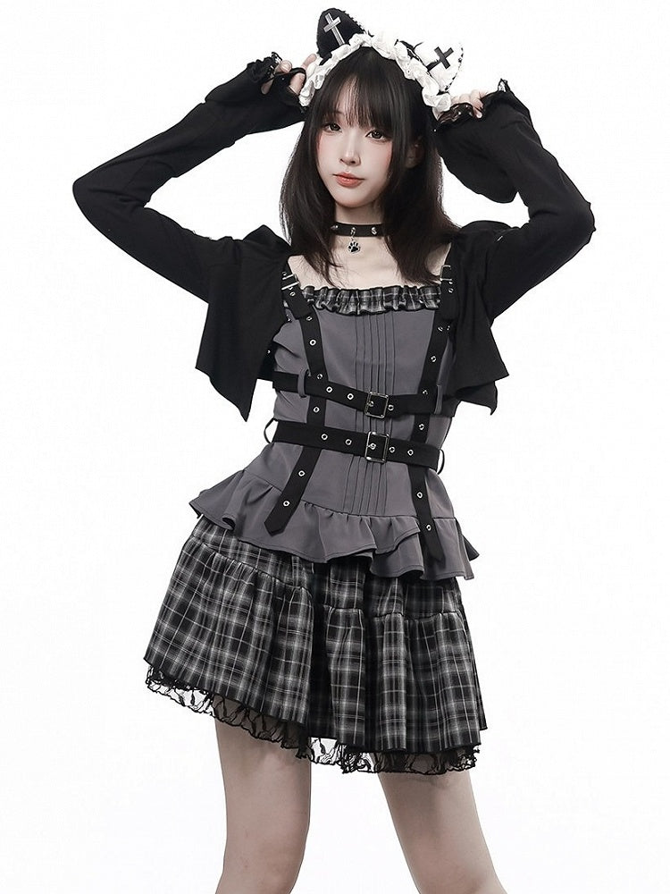 Black & Gray Plaid Mini Skirt with Lace Edging - PINK SAVIOR