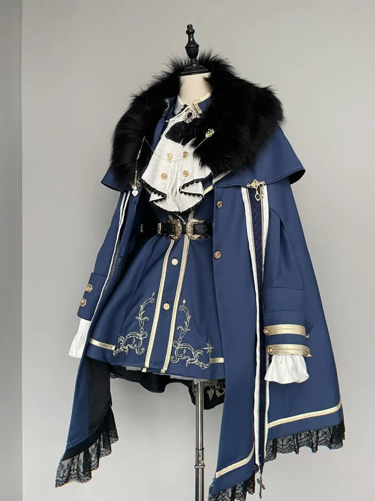XXL Goldmantel Blauer Rock + Set Cape Shirt Jabot Besatz Ausverkaufsgröße Voll Lolita Militär und