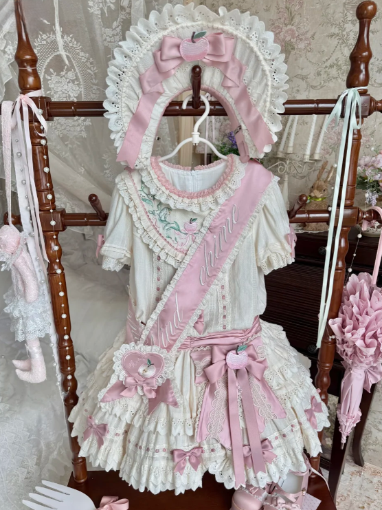Ruffled Short-Sleeve Lolita OP Dress with Apple Embroidery in Sweet Pink & Beige - Yinying Lolita