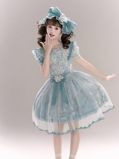 Green Flutter Sleeve Floral Embroidery Bow Lolita Overlay Dress with Lace - Yimu Walnut