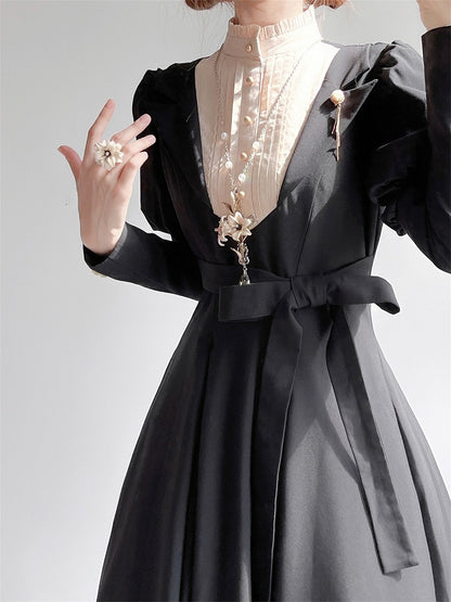 Waist Dress Juliette Beige Piece Neckline Lolita Sleeves Ruffle One Black Slim