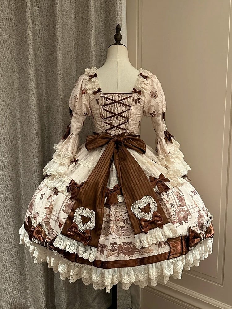 with Beige Print Sweet Bear Hem Bow Dress Brown Sleeves and Lace Little Accents Bell Lolita