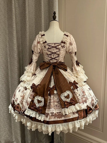 with Beige Print Sweet Bear Hem Bow Dress Brown Sleeves and Lace Little Accents Bell Lolita