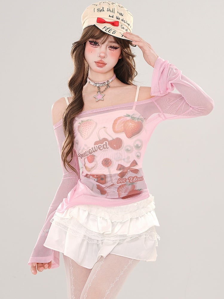 Rosa/Aprikose – Halbtransparentes, schulterfreies Top mit Erdbeer-Print und Camisole-Set