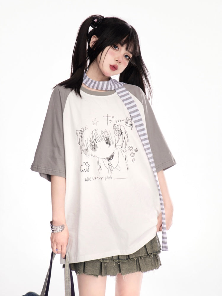 Anime Girl Graffiti T-Shirt Scarf with Striped Grey Colorblock Design