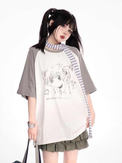 Anime Girl Graffiti T-Shirt Scarf with Striped Grey Colorblock Design