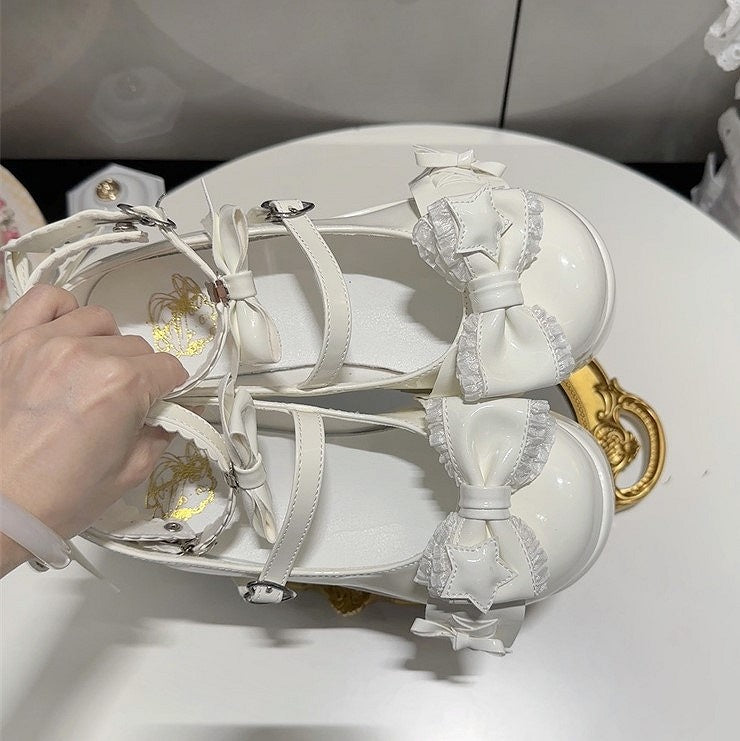 Accents with Shoes White Sweet Style PU Lolita Leather Bow Platform Round-Toe