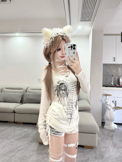 Cross White Print Side Drawstring Details Lace-Up Halter Top with Candlelight Shadow